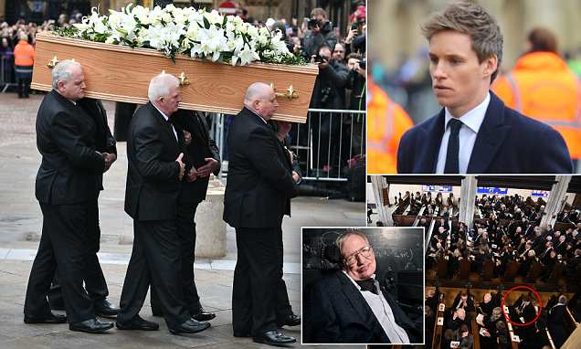 Stephen Hawking’s family say their last goodbyes as thousands line the streets of Cambridge for the physicist’s funeral, where Eddie Redmayne paid tribute to the scientist he played on screen