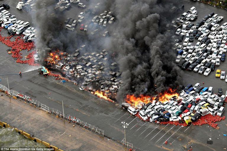 More Than 100 Vehicles Are Engulfed in Flames as Typhoon Jebi Smashes Japan With Giant Waves and 135mph Winds – While a Million People Are Told to Evacuate During Worst Storm in 25 Years