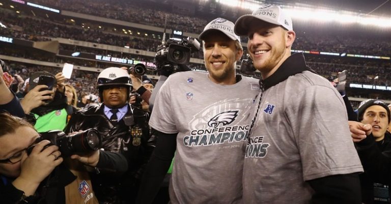 Philadelphia Eagles’ Carson Wentz Prays for Nick Foles in the Locker Room