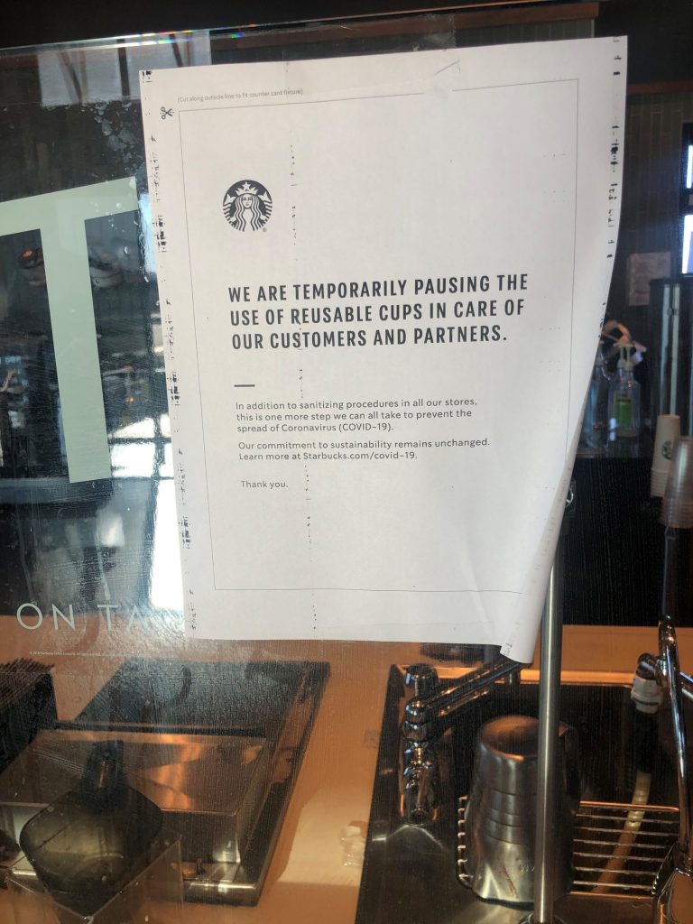 Starbucks Temporarily Bans Use of Personal Reusable Cups Due to Coronavirus