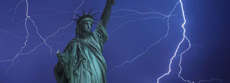 Lightning strikes the Statue of Liberty: The path to liberty that stands the storms of life